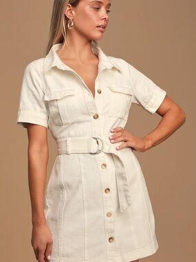 Women's White Button-Front Belted Shirt Dress